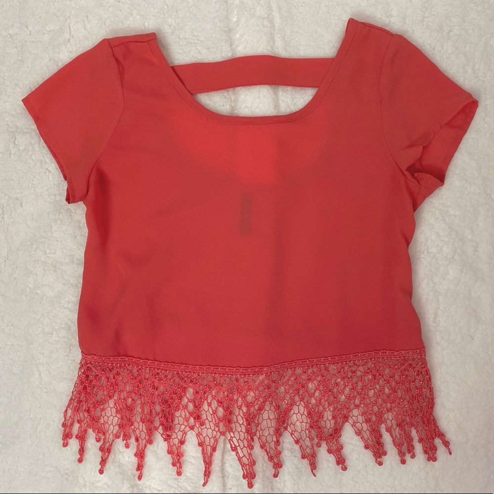 Full Tilt Coral Lace Trim Crop Top